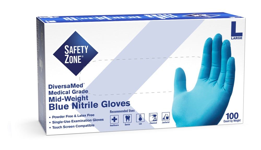 SAFETY ZONE Blue Nitrile Exam Powder-Free Gloves, X-Large, 100 per
